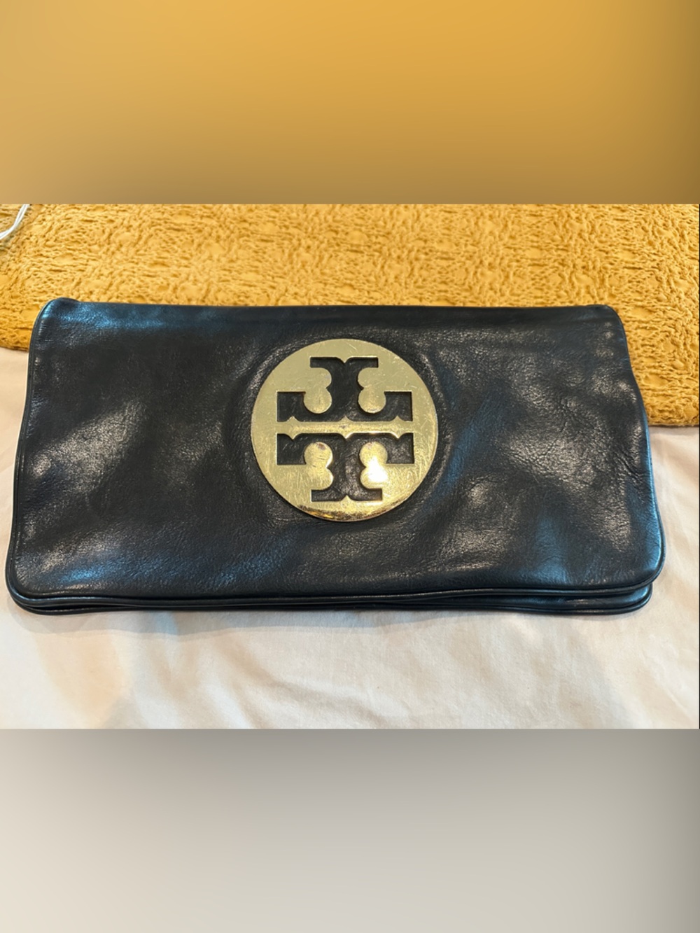 Tory Burch Black Leather Clutch with Gold Logo Medallion